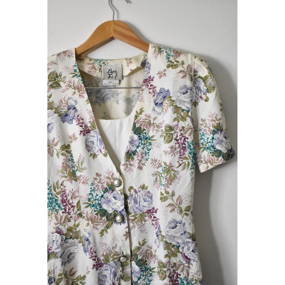 Byer Too! Floral Mini Dress Women 5 Cream 90s Vintage Ruffle Pearl Button - Picture 2 of 7